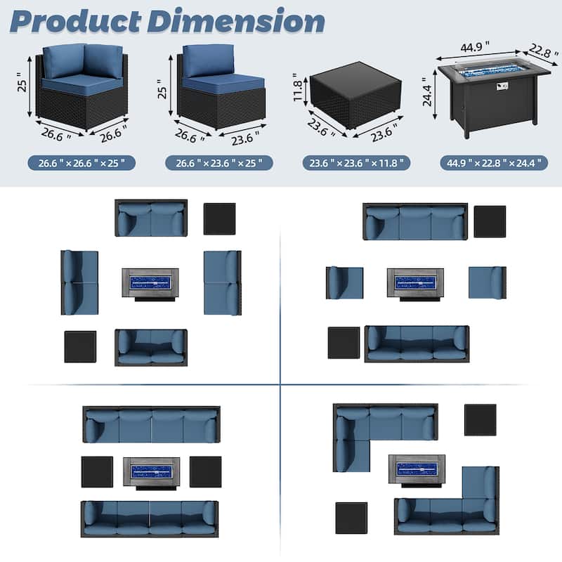 11 Piece Sectional Seating Group with Fire Pit and Cushion