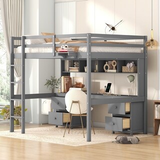 Full Size Loft Bed with Desk, Wooden Loft Bed Frame wBedside Tray, Charging Station,4 Drawers, 4 Shelves, 2 Outlets, 2 USB,Grey