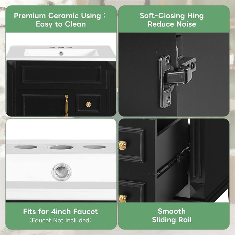 24" Bathroom Vanity with Ceramic Sink and 2 Drawers, Adjustable Shelf