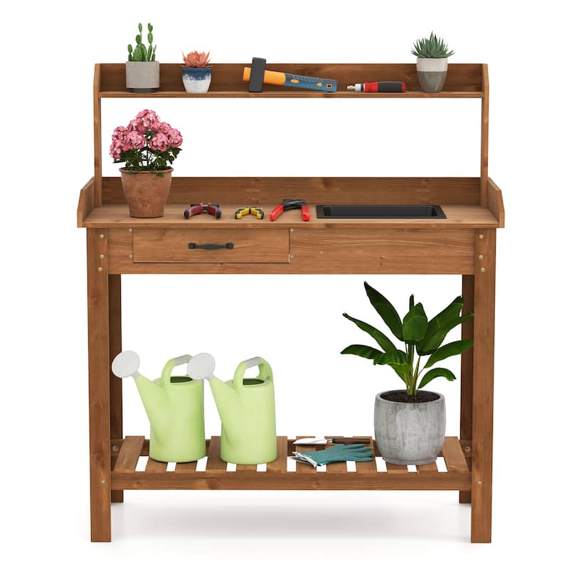 Gymax Potting Bench Outdoor Wooden Garden Table Work Station Solid