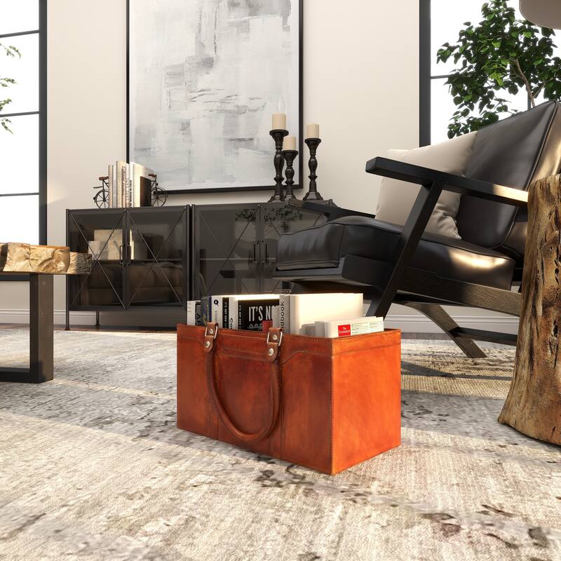 Leather Handmade Box Style Single Slot Magazine Holder with Detail Stitching and Curved Handles - Brown - Roche River Decor