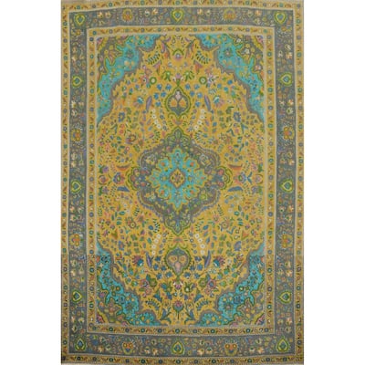 Hand Knotted Oriental 100% Wool Carpet Traditional Floral Yellow & Gold Tabriz Area Rug - 11' 0'' X 8' 2''