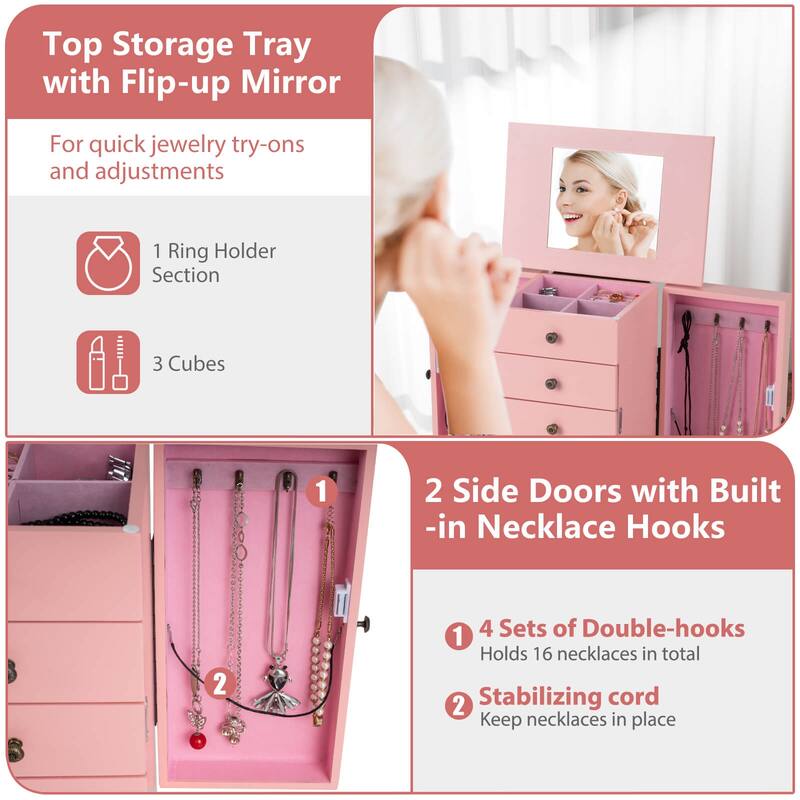 Costway Jewelry Cabinet Storage Chest Standing Organizer Mirror White - See Details