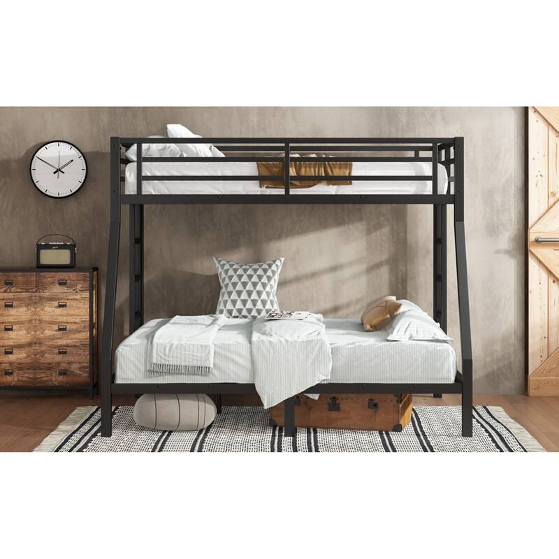 Roomfitters Metal Twin over Full Bunk Bed, Heavy Duty Space Saving Frame with Ladder and Guardrails, Black
