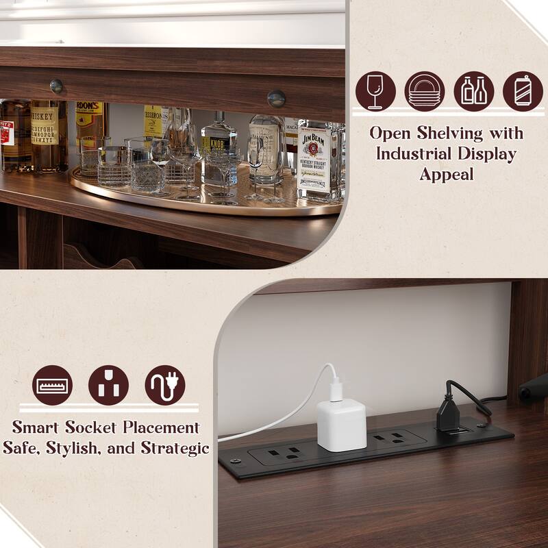 Farmhouse 47" Wine Bar Cabinet with Power Outlets & LED Lights, Industrial Coffee Bar Liquor Cabinet with Shelves & Wine Rack