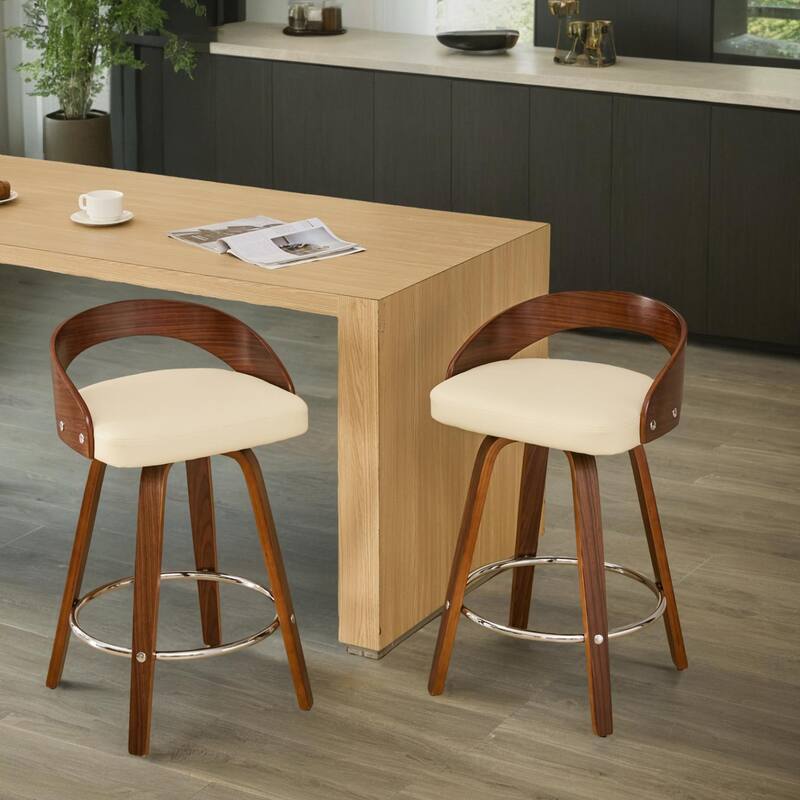 Bar Stools Set of 2, Swivel Bar Height Stools with Low Back, Wood Bar Chairs with Soft Cushion Seat, 25-Inch Seat Height