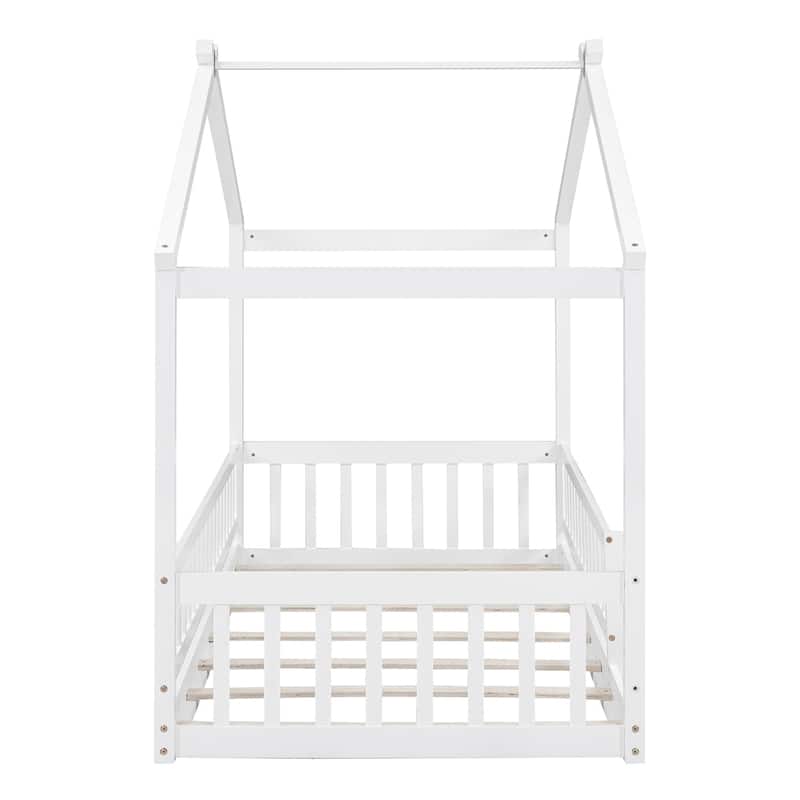 Twin Size Wood Bed House Bed Frame with Fence