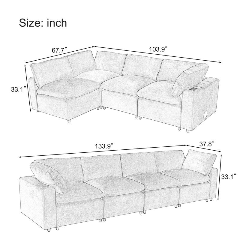 133.9" Polyester Modular Sectional Sofa U-Shaped 4-Seat with Wireless Charging, Bluetooth Speakers and USB Ports
