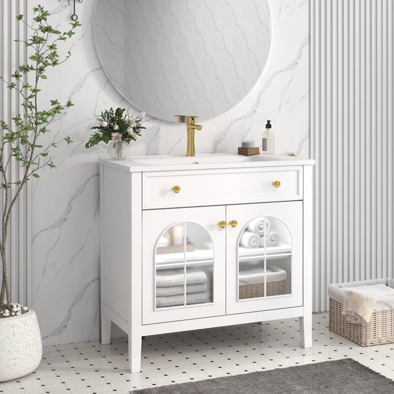 35.6-Inch Mid-Century Bathroom Vanity Sink with Patterned Glass & Motion-Sensor Light, Farmhouse Storage Vanity - White