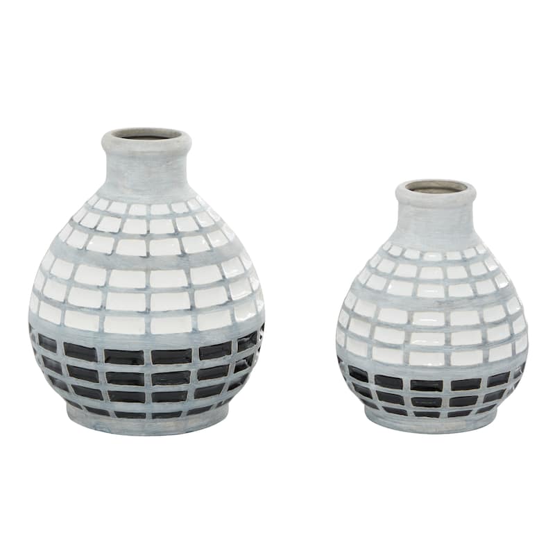 Ceramic Handmade Vase with Grid Pattern - Set of 2 Gray - Roche River Decor - 7"W x 7"L x 8"H
