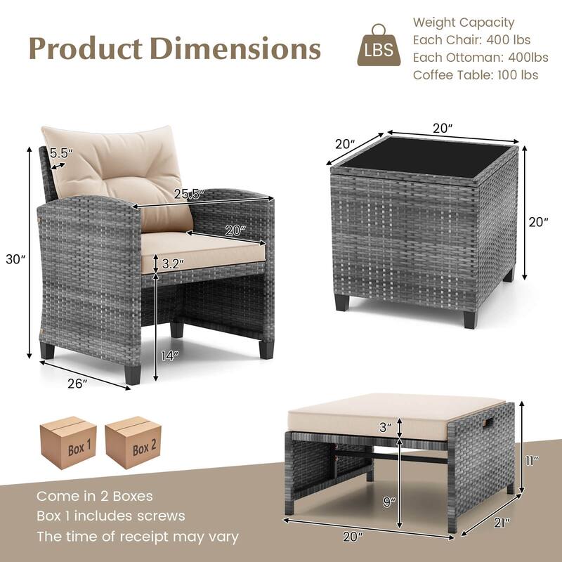 Gymax 5PCS Rattan Furniture w/ 2 Ottomans & Tempered Glass Coffee