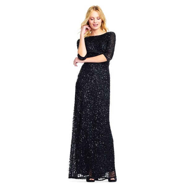 adrianna papell scoop back sequin gown with three quarter sleeves