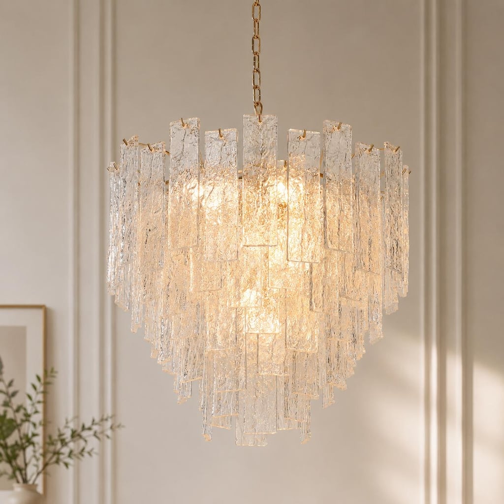 Elver Modern Gold 8-Light Glacier Chandelier Hammered Art Glass Strips for Dining Room Foyer
