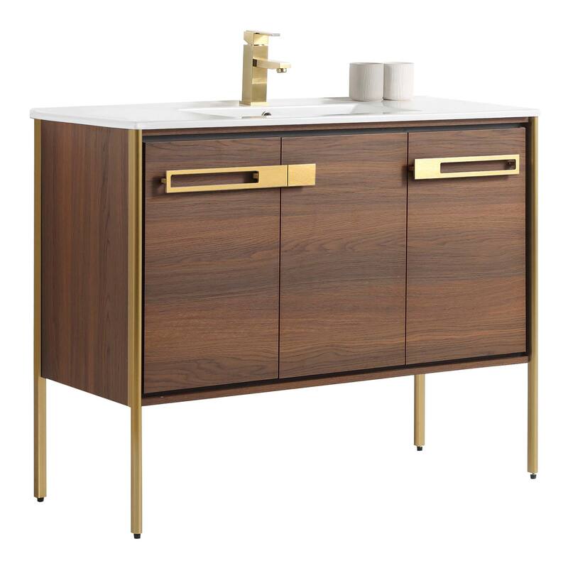 Fine Fixtures Oakville Bathroom Vanity with White Ceramic Sink - 42 Inch - Walnut Ebony - Satin Brass Hardware