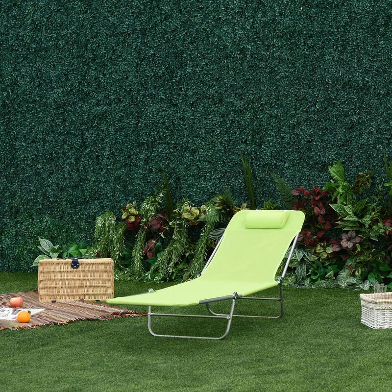 Folding Outdoor Chaise Lounge Chair with Adjustable Backrest and Pillow for Patio Poolside or Beach - Green