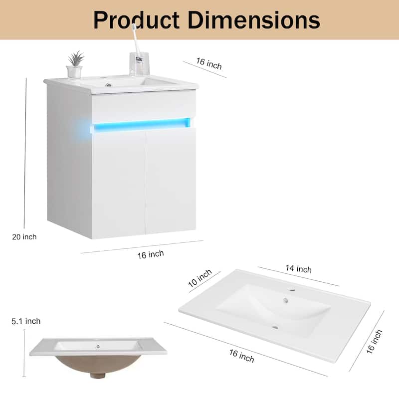 16 Inches Plywood Wall-Mounted Bathroom Vanity Set with Integrated Ceramic Sink