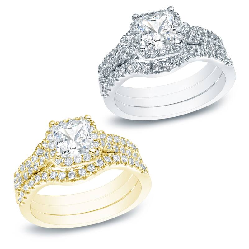 Auriya 1 1/2ctw Princess-cut Halo Diamond Engagement Ring 3pc Set 14k Gold