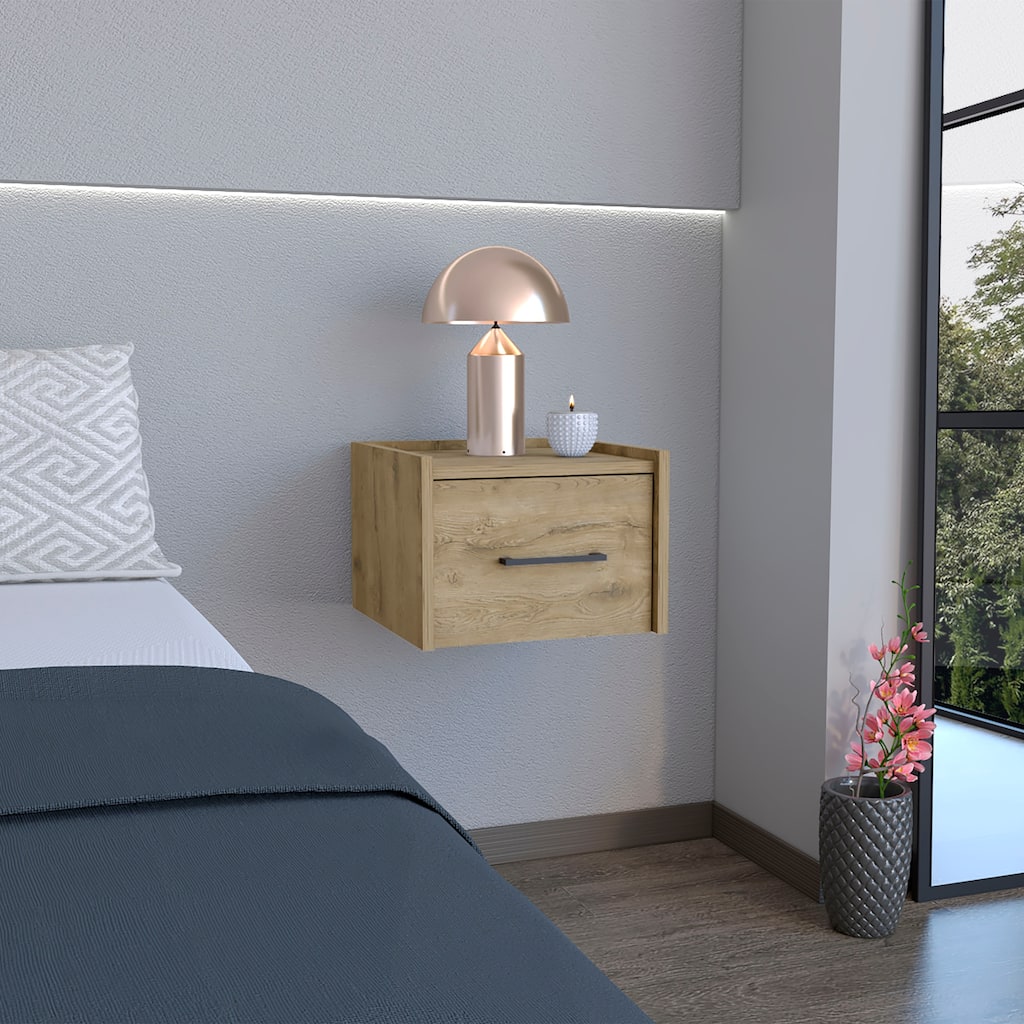 Wall-Mounted Nightstand with Drawer and Surface, Space-Saving Design, Durable Manufactured Wood