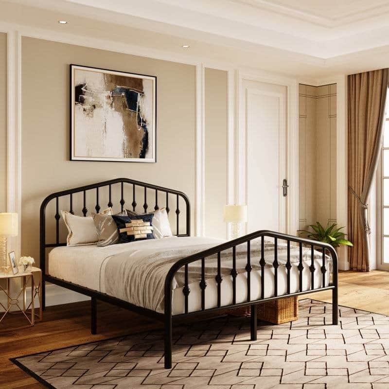 Vintage Farmhouse Black Metal Platform Bed with Spindle Headboard and Footboard No Box Spring Required