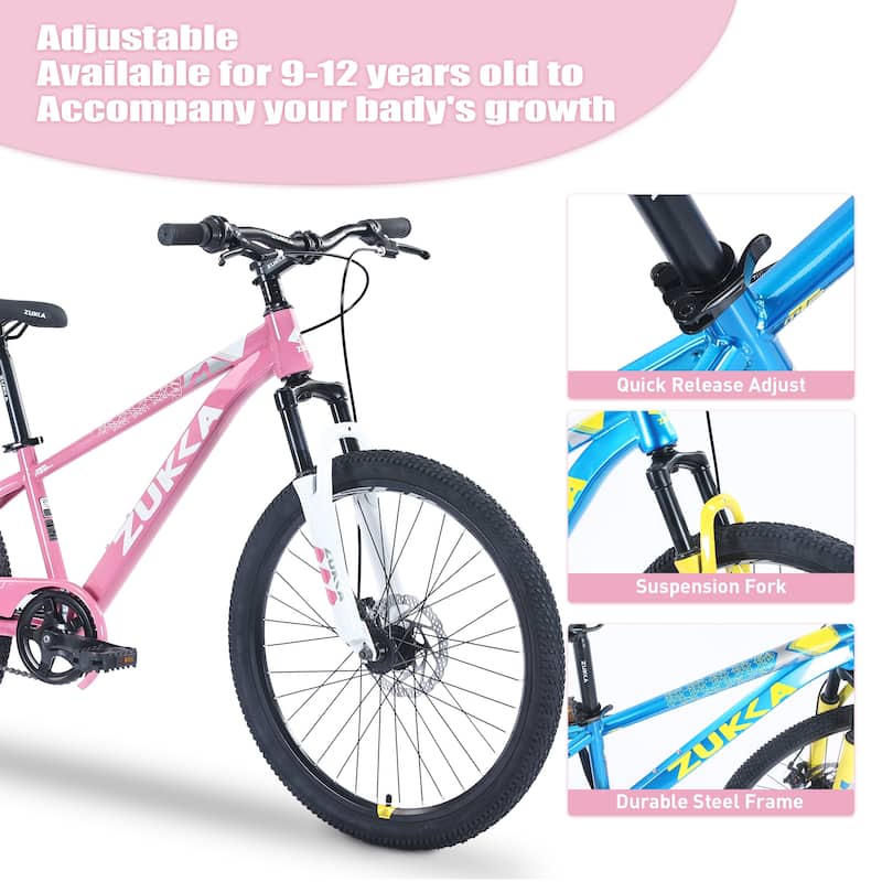 Mountain Cycling Bike 24 Inch Road Commuting Kids Bicycle with Dual Disc Brakes and Shock-Absorbing Fork for Boys and Girls