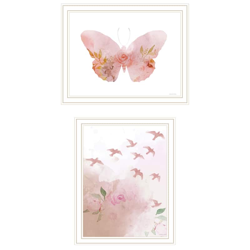 2-Piece Framed Wall Art Set - Meadow Flora Birds and Butterflies, Abstract - White