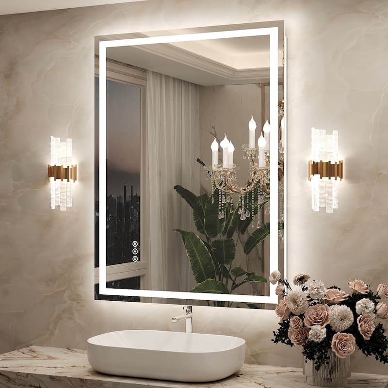 Frameless LED Front Light and Backlit 3 Colors Dimmable Anti-Fog Wall Bathroom Vanity Mirror - 40" x 30"-Square Corner