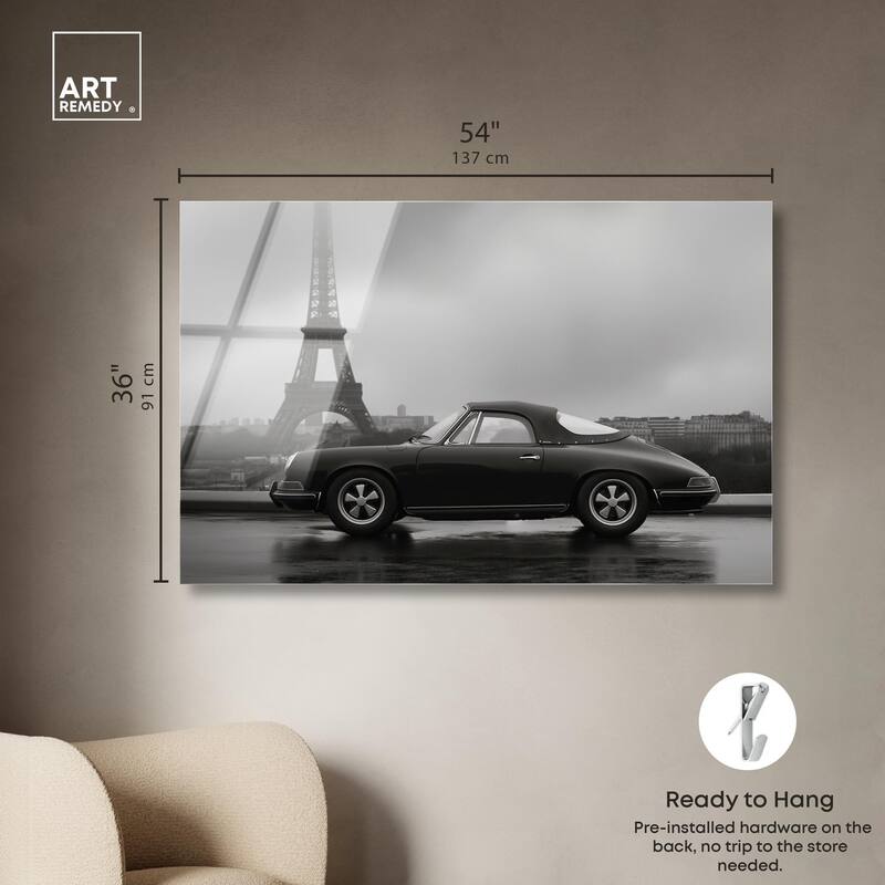 Classic Car and Eiffel Noir Acrylic by Art Remedy, Ready to Hang