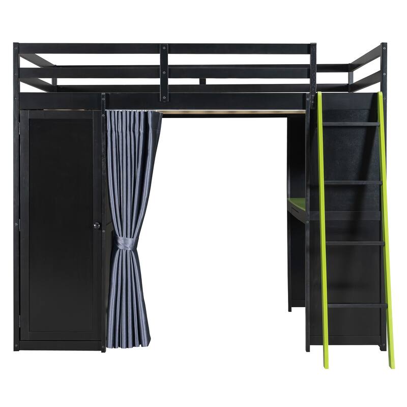 All-in-One Loft Bed Full Size Bedframe with Wardrobe, Shelves, Blackout Curtains, Pegboard, Charging Station and RGB Light Strip