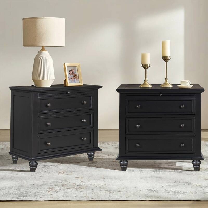 Modern 3-Drawer Nightstand (Set of 2) with Pull Out Tray for Organized Living Spaces - Black