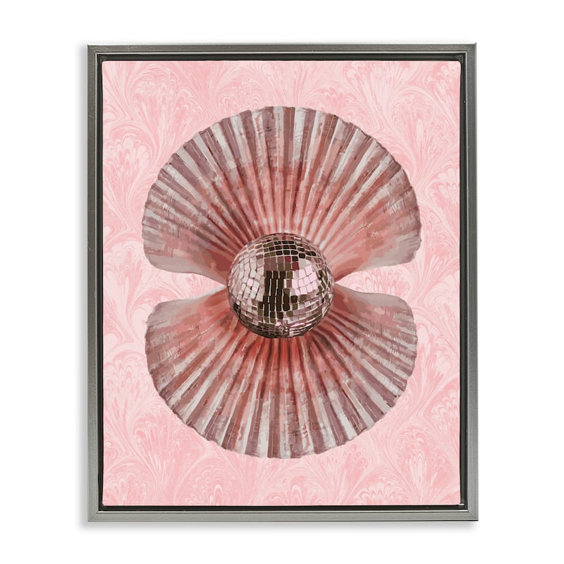 Stupell Disco Ball Clam Pearl Framed Floater Canvas Wall Art Design By Lil' Rue - 25 x 31 - Grey