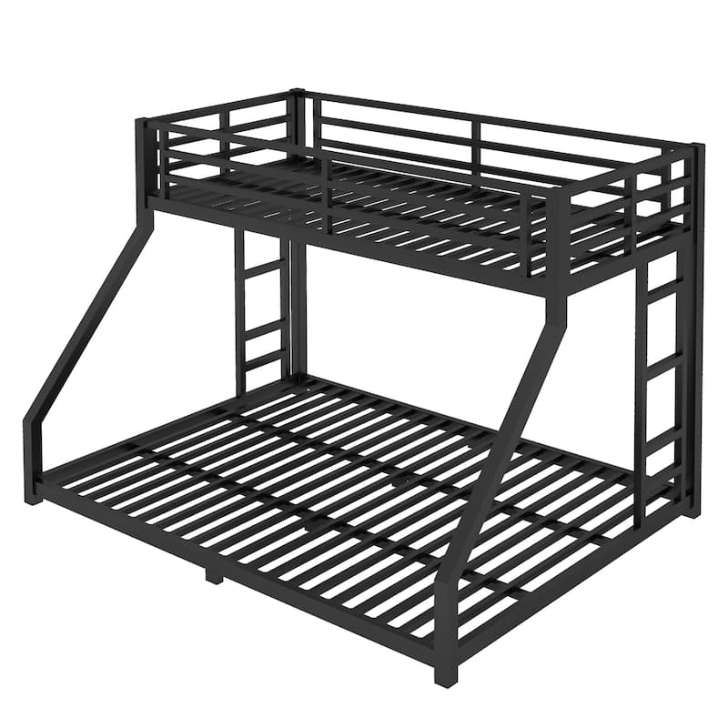 Metal Floor Bed Frame Twin XL Over Queen Bunk Bed for Teens and Adults with 2 Side Ladders and Safety Guardrails