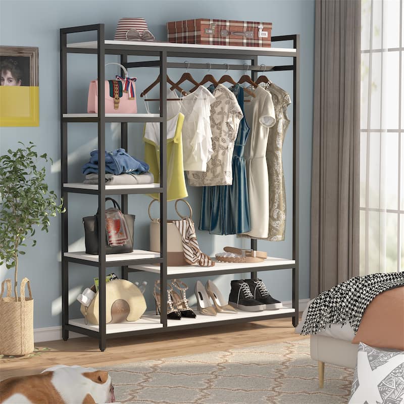 Black/ White Modern Clothes Garment Rack,Metal and Wood Closet Rack Closet Organizer System with Hanging Rod and Shelf