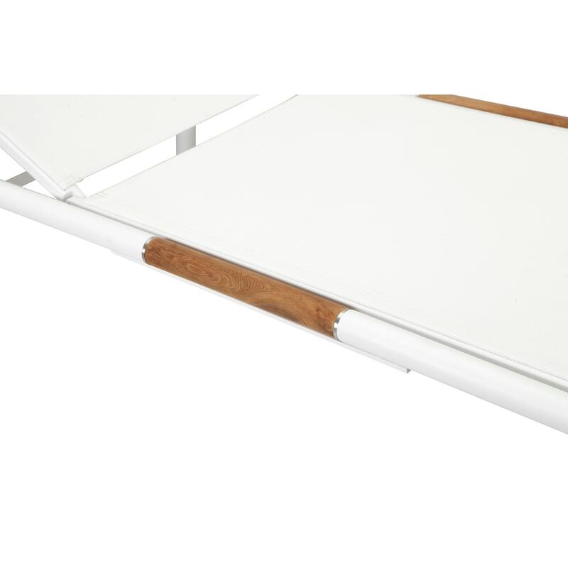 Shia 79 Inch Chaise Lounger, White Aluminum Frames, Teak Accent, Set of 2