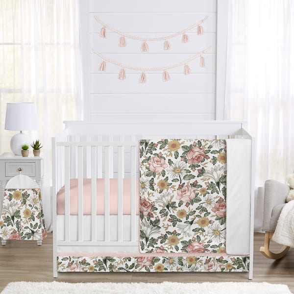 slide 2 of 6, Sweet Jojo Designs Blush Pink Yellow Vintage Floral Boho Girl 5p Nursery Crib Bedding Set Green White Bohemian Shabby Farmhouse