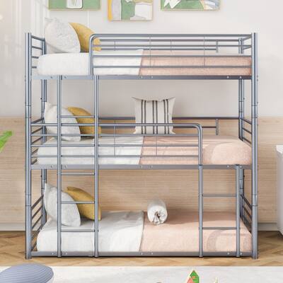 Twin-Twin-Twin Triple Bed Loft Bed with Built-in Ladder, Triple Bunk Bed Divided into 3 Separate Beds for Multi-Child Families