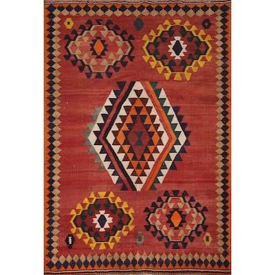Kilim Qashqai Persian Vintage Area Rug Hand-Woven Orange Wool Carpet - 4'11"x 6'8"