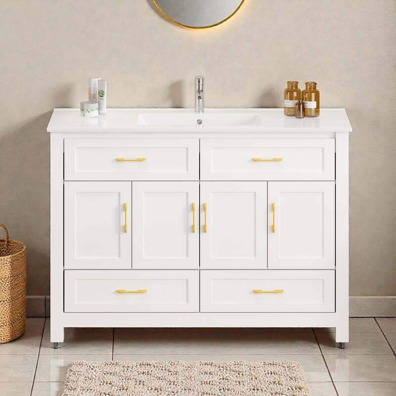 48 Inch Bathroom Vanity with Ceramic Sink Combo, MDF Freestanding Vanity Cabinet with 4 Soft Close Doors and 4 Drawers - White