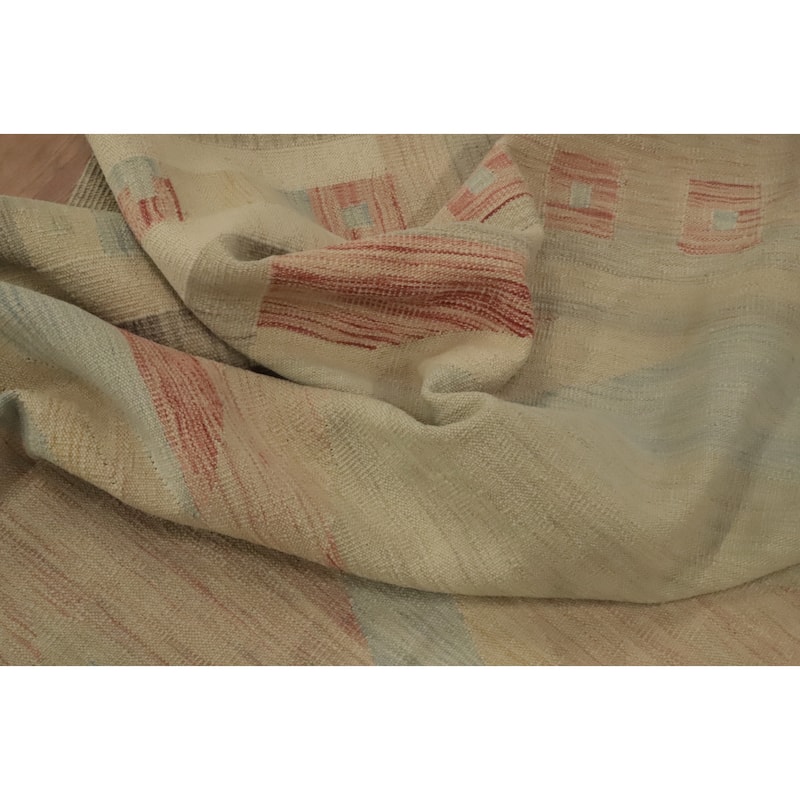 Hand Woven Oriental 100% Wool Carpet Southwestern Tribal Beige & Ivories Kilim Area Rug - 9' 8'' X 6' 8''