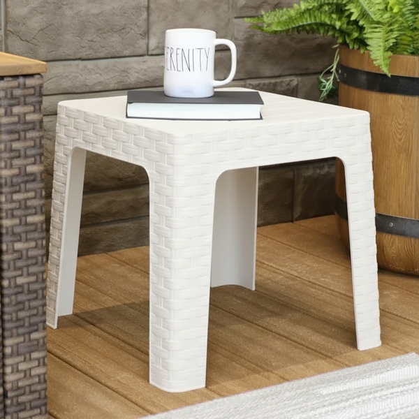 Sunnydaze Woven Rattan Square Side Table Set of 4, White - Bed