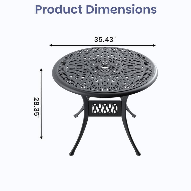 35.43 inch Black Round Cast Aluminum Patio Table with Umbrella Hole & Retro Design