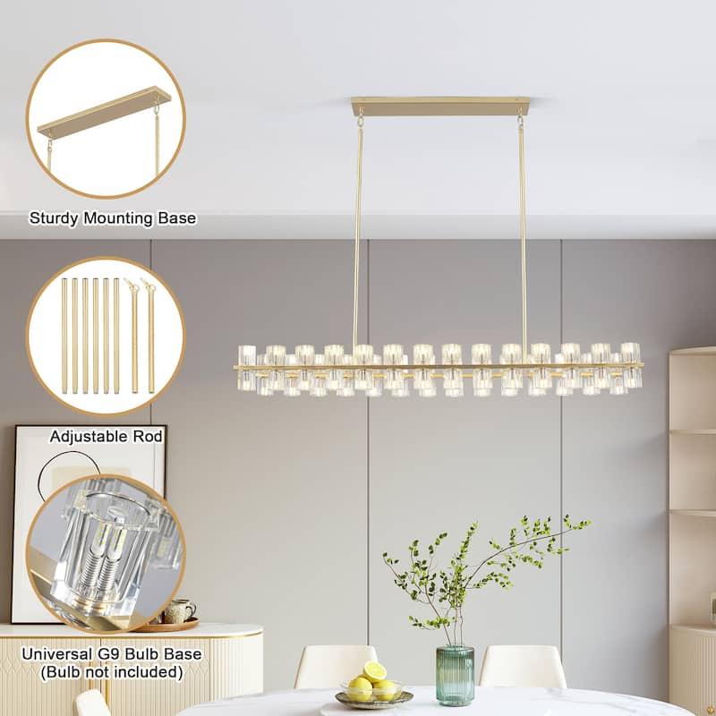 57.09-inch 56-light modern and stylish linear metal chandelier with crystal lampshades