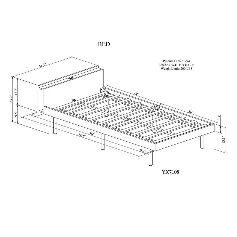 Walnut Modern Design Twin Size Platform Bed with Built-in USB port for Bedroom