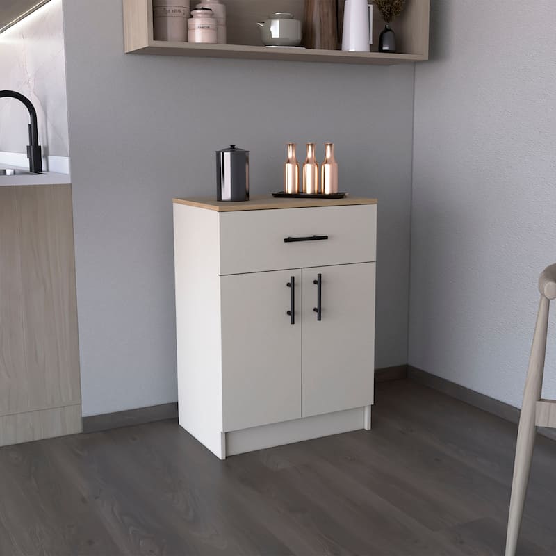 Pantry Organizer Cabinet 33" H, One Drawer, Two Interior Shelves, Two Doors, Ivory / Natural Oak
