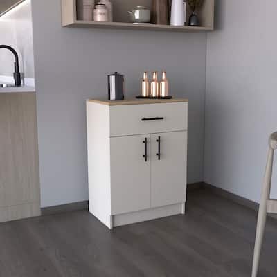 Pantry Organizer Cabinet 33" H, One Drawer, Two Interior Shelves, Two Doors, Ivory / Natural Oak