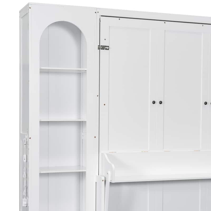 Murphy Bed Queen Size Bookcase Bed Platform Bed with Side Cabinets and 2 Drawers, Elegant French Folding Bed LED Wall Bed