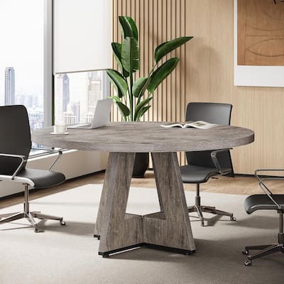 47" Round Conference Table Meeting Room Table with Thickened Top Wood Base Modern Training Desk for Conference/Seminar Room
