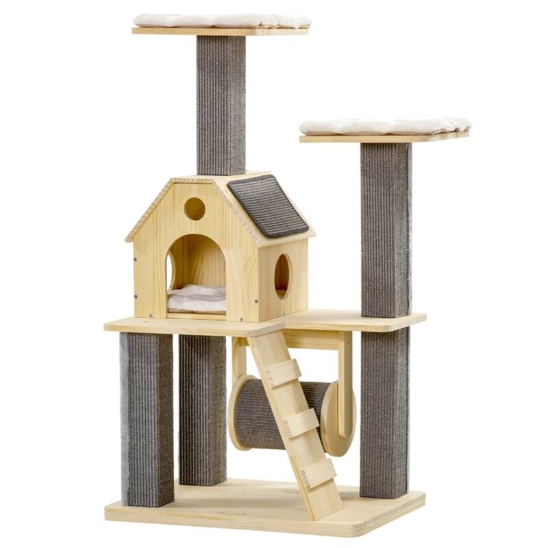 Multi-Level Cat Tree with Scratching Posts, Cushioned Hideout & Spinning Roller Toy for Small Cats