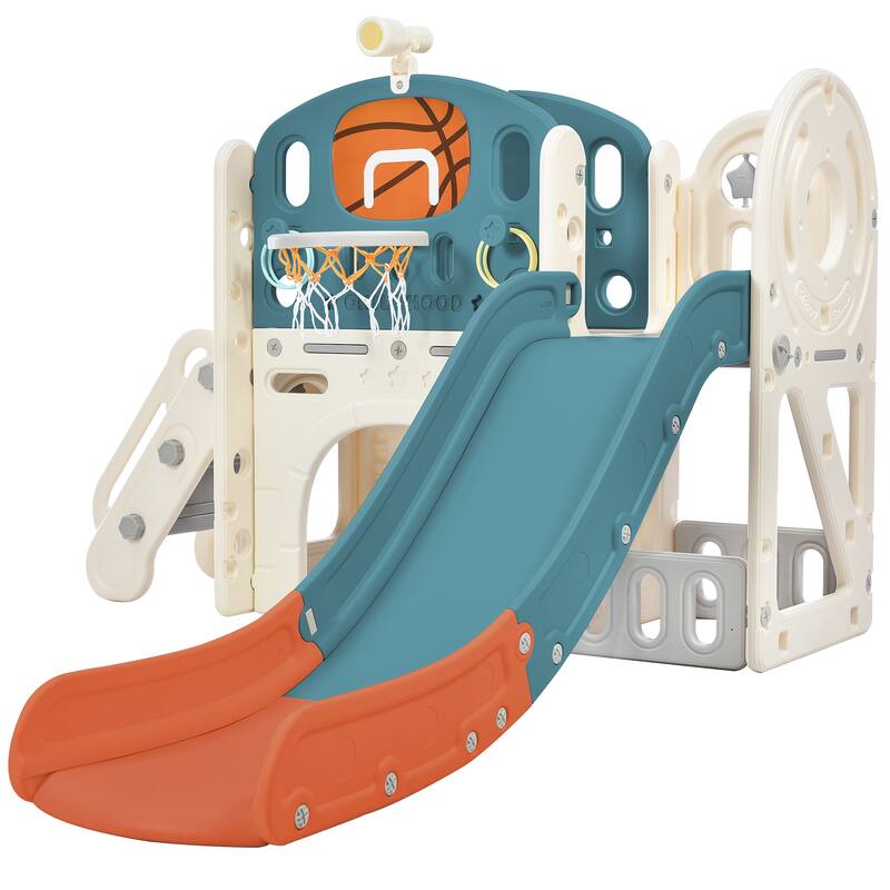 Climbing Crawling Playhouse Freestanding Arch Tunnel With Slide Ring Toss Basketball Hoop Toy Storage Organizer