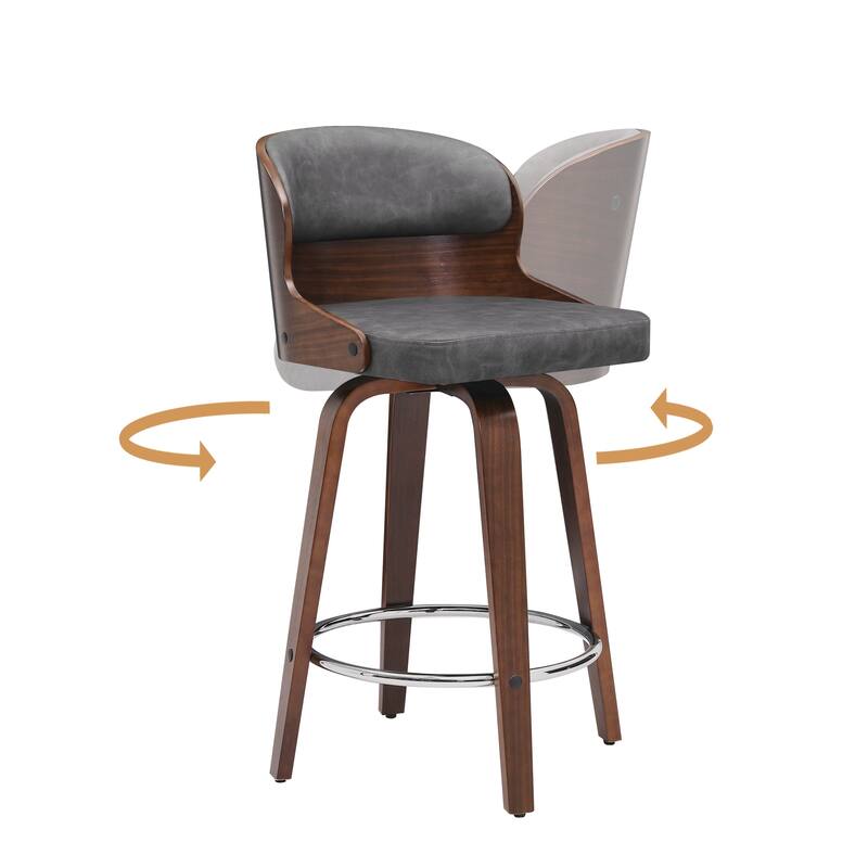 26 in. Counter Height Stool, Wooden Swivel Barstool PU Leather with Low Back - Set of 2 - Grey