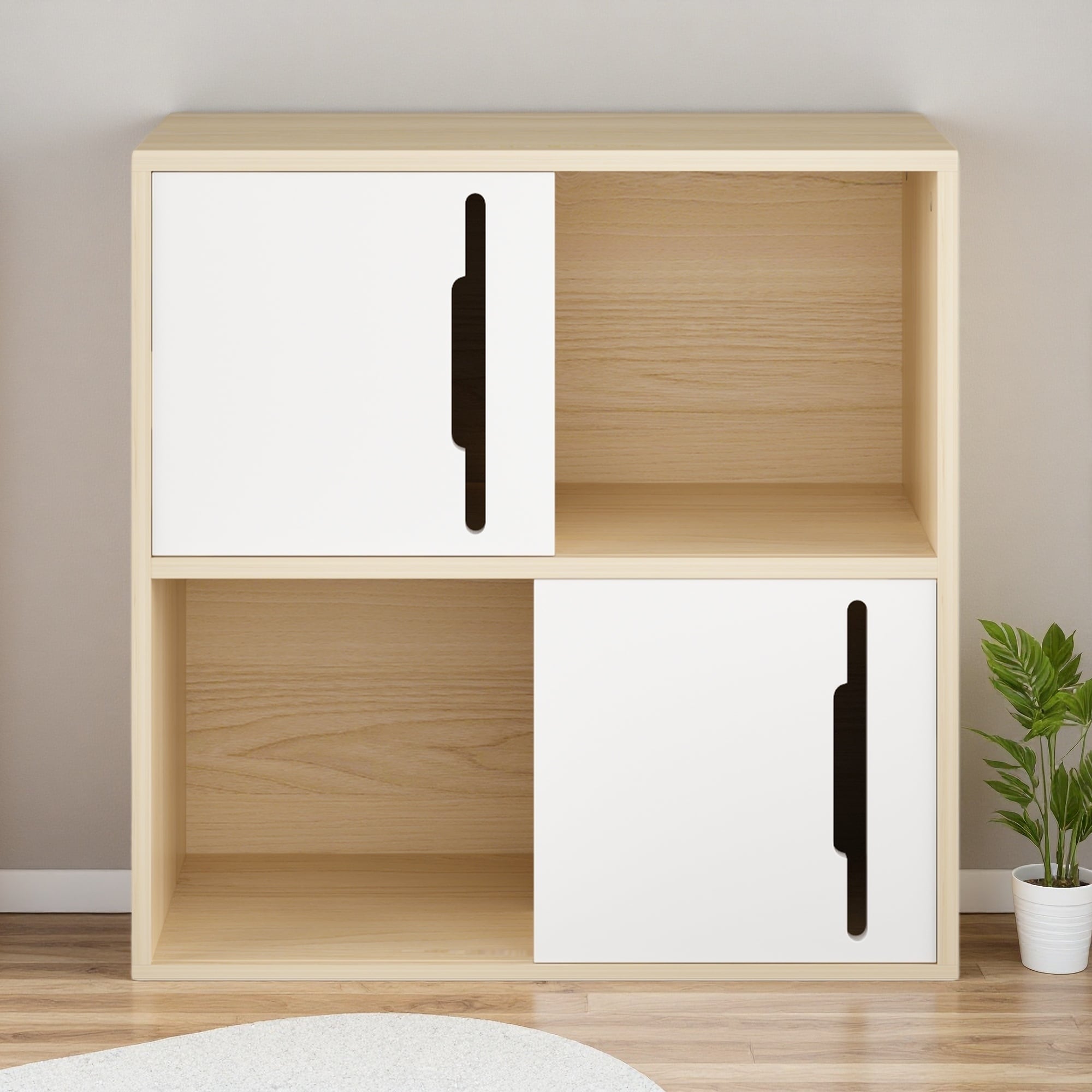 Modern Wooden Storage Cabinet with Sliding Doors and 2-Tier Open and Closed Shelves